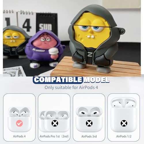 Image of Emoh Roced Case for AirPodS 4 (2024) with Keychain (ANC), Cute Cartoon Shockproof Protective Cover Compatible with Apple AirPods 4th Generation 2024 for Women and Boys (Sponge Bob)