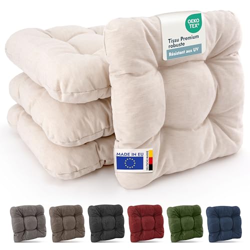 Beautissu Premium Set de 4 Galette Chaise Jardin Extérieur 40x40 cm Nature – 8 cm Épaisseur Coussin Siège Robuste & Résistant aux UV Coussin Fauteuil...