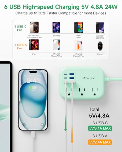 Beeiker 789 Extensión Verde con 3 Tomacorrientes y 6 Puertos USB (3 USB C) Cable de 1.52 m miniatura 2