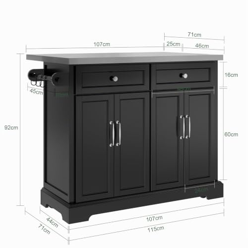 Miniatura 5 de Sobuy Carro De Cocina Con Ruedas - Isla De Cocina Rodante Con Encimera Extensible, 2 Cajones Y Estantes Ajustables - Mueble Auxiliar De Almacenamiento Para Cocina, Negro, 115x92x 46-71 Cm Fkw71-Sch Es