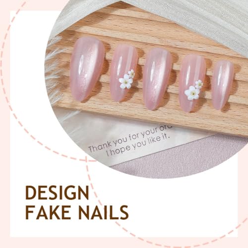 Image of Pink Press on Nails Almond Shape Glossy Full Cover Stick on Nails with Glitter Design Flower Fake Nail for Women Manicure 24Pcs
