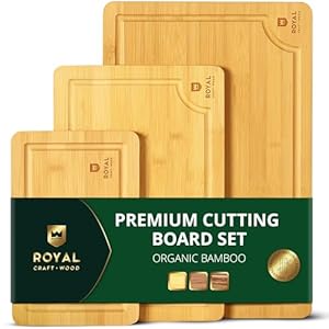 ROYAL CRAFT WOOD Premium Cutting Board Set – Non Toxic Bamboo & Wooden Cutting Boards for Kitchen Meal Prep, Durable Butcher Block for Meat with Side Handles, Deep Juice Groove, Charcuterie & Chopping