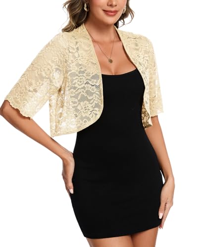 Image of MINTLIMIT Womens Floral Lace Bolero Half Sleeve Shrug Open Front Elegant Cropped Cardigan Shrugs for Evening Party Dresses