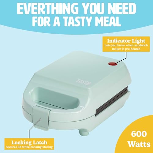 Tasty Mini Sandwich Maker, Makes Sandwiches, Paninis, Grilled Cheese, Desserts, Quick Results, Easy Cleanup, 600W, Aqua