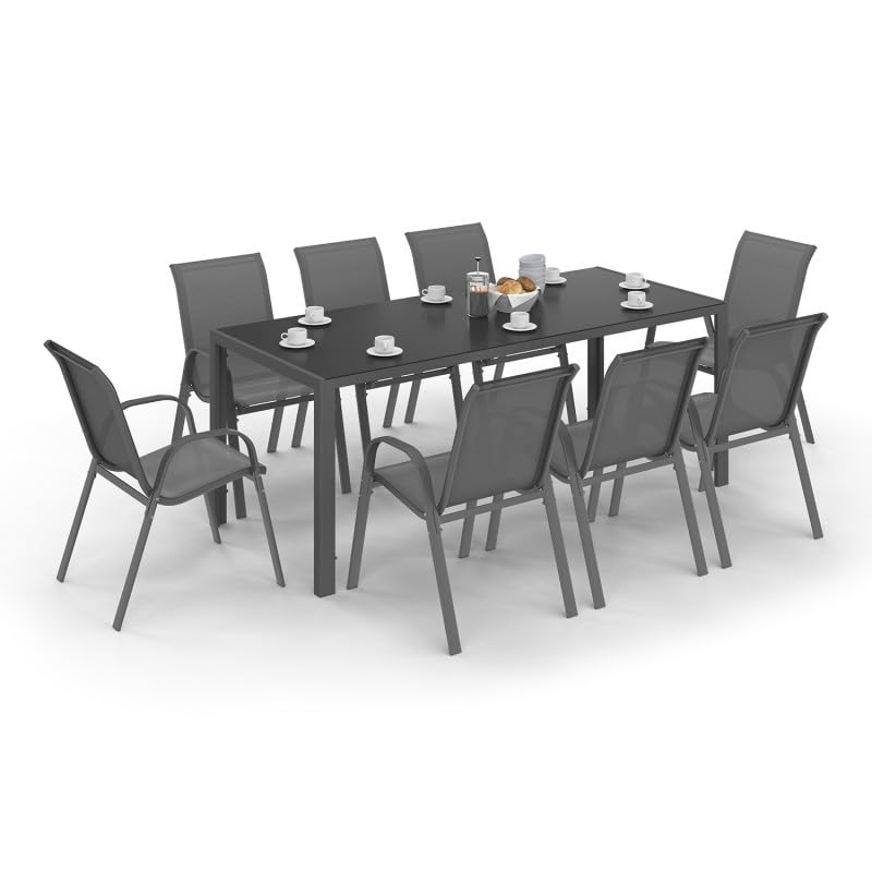 IDMarket – Salón de jardín Madrid Mesa 190 cm y 8 sillas apilables gris antracita