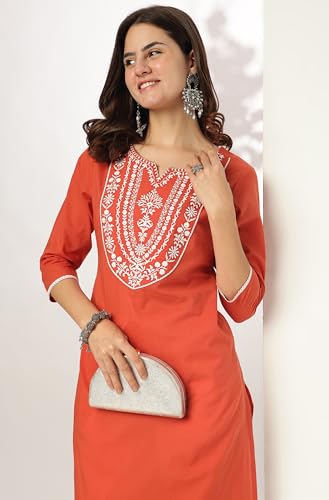 Image of Janasya Women's Pure Cotton Yoke Embroidered Straight Kurta