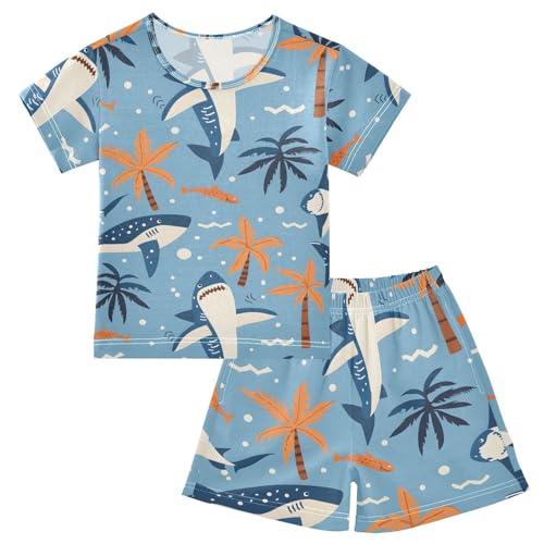 ALAZA Shark Coconut Tree Blue Pajamas Short Sleeve 2 Piece Sleepwear Top and Bottom Pajama Set Unisex