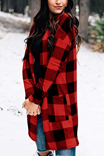 Plaid Warm Cardigan Women's Long Sleeve Kimono Casual Christmas Open Front Cardigan Red XXL - Thumbnail 5