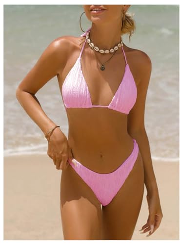 WDIRARA Women's 3 Piece Textured Thong Bikini Set Triangle String Halter Swimsuit with Cover Up Skirt3
