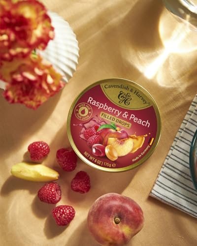 Cavendish & Harvey Raspberry & Peach Drops gefüllt 175g Dose | Fruchtige Himbeere, Süßer Pfirsich | Gefüllte Fruchtbonbons | Vegan, Halal, Koscher | 1 x 175g