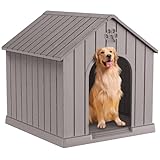 DRATO Indoor Outdoor Waterproof Dog House,PP Material,Puppy Shelter with Air Vents and Elevated Floor,Sturdy Dog Kennel for Small to Large Sized Dogs, Easy to Assemble (Gray, 38.62×36.26×38.07 Inches)