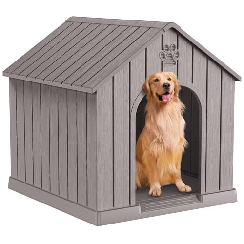 DRATO Indoor Outdoor Waterproof Dog House,PP Material,Puppy Shelter with Air Vents and Elevated Floor,Sturdy Dog Kennel for Small to Large Sized Dogs, Easy to Assemble (Gray, 38.62×36.26×38.07 Inches)