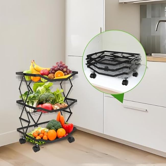 3 Tier Fruit Basket, Stackable Fruit and Vegetable Storage Cart with Wheels, Kitchen Organizer for Potatoes,Onions,Snacks-jTl2WfGh