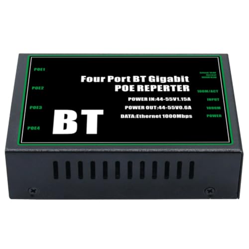 Bosiyrggrl Extensor PoE Gigabit BT de 4 Puertos, 100/1000 Mbps, 1 Entrada, 4 Salidas, IEEE802.3, Repetidor PoE BT para Cámara PoE de 48 V, Punto de Acceso Inalámbrico