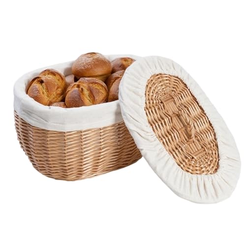 Wicker Bread Basket Serving with Lid & Removable Lining, Sourdough Proofing Basket,Eco-friendly Bread Storage basket Ideal for Picnics & Dining (Oval)
