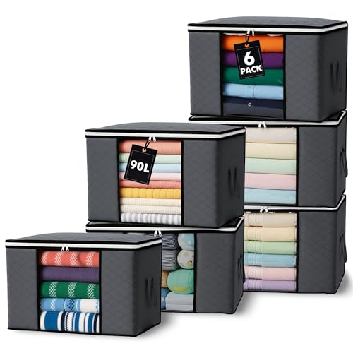 MORIVO 90L Storage Bags 6Pack Large Capacity Clothes Storage Bags with Zips Foldable Clothing Storage Boxes with Lids & Reinforced Handles Breathable Thick Fabric for Comforters Blankets Bedding