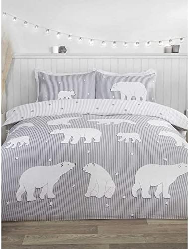 Rapport Home Polar Bear 100% Brushed Cotton 3 pieces Double Duvet Cover Set Reversible Bedding Grey