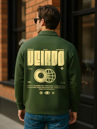 Image of Veirdo Men's Oversized Loopknit Cotton Zipper Polo Neck T-Shirt | Oversized Baggy Fit Full Sleeve Casual Streetwear Top Sizes: S-XXL