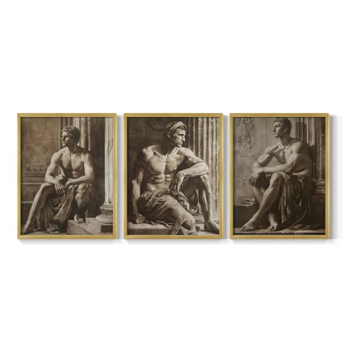 Renditions Gallery Set of 3 Peel & Stick Framed Prints, Statue Wall Art, Sculpture Man Art Wall Decor, Re-Stickable - Ready to Hang - 22"x28" - Gold Frame LT597