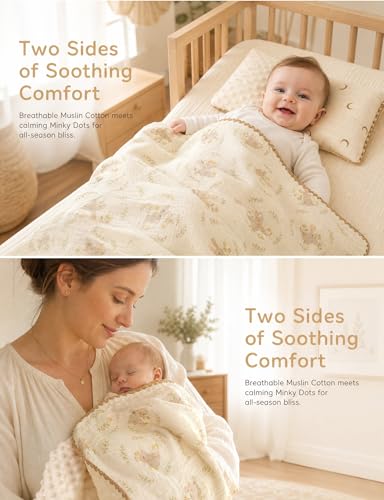 Image of Baby Blanket 40x40 Inches,Muslin Cotton and Minky Dotted Double Layer Soft Receiving Blanket for Newborn Toddler,Meadow Bunny