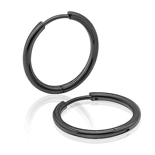 フープピアス リング ピアス サージカルステンレス レディース メンズ つけっぱなし 幅2mm 内径16mm ブラック 両耳用 1ペア 2個セット（Amazon）