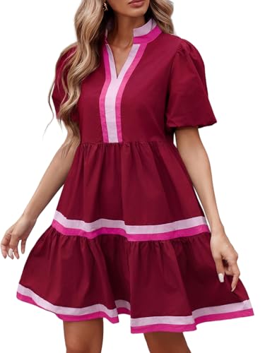 Image of LifeShe Womens Puff Sleeve Babydoll Dress V Neck Navy Blue Striped Color Block Tiered Mini Dresses