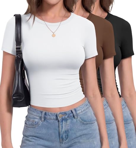 TNNZEET 3 Pack Womens Crew Neck Basic T Shirts Crop Top Short Sleeve Tee
