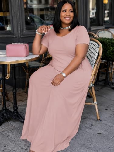 Image of PinkPatty Women's Plus Size Maxi Dresses Short Sleeve Sundress Summer T-Shirt Beach Long Dress with Pockets
