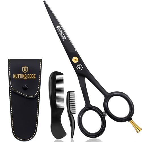 Kutting Edge - 5” Professional Beard And Mustache Scissors with 1 Beard Comb, 1 Mustache Comb and Travel Pouch - Prefect Trimming Grooming Scissors for All Facial Hairs