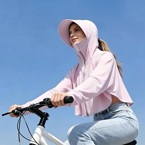 Image of Womens Sunscreen Hoodie Jacket /Shirt UPF 50+ UV Protection from Sun & Pollution with Wide Brim Hat Face Mask Lightweight Full Zip for Outdoor Running Hiking