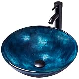 YIMAI Ingenuity Vessel Sink 16.5" Bathroom Sinks Tempered Glass Blue Art Basin Round Bowl with Fauce