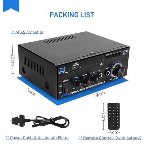 Bluetooth Amplifier AK55-2 Channel Speaker Amplifier Car Amp HiFi for Speakers FM Radio, Karaoke, w/USB/2 MIC/SD/MMC/FM Inputs & Remote Control, for Home Theater & Bookshelf Speakers (AK45)