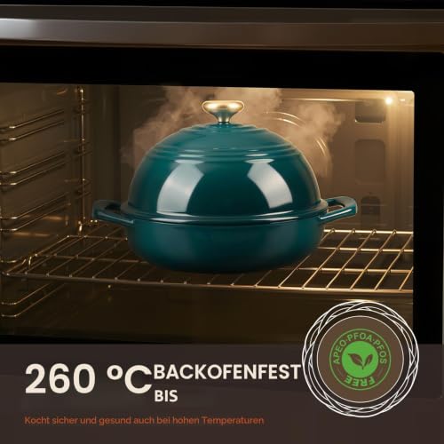Overmont Gusseisen Topf Emaille Brotbacktopf - 5.7L Bräter Schmortopf mit Deckel und Kochbuch – für Küche Backen Schmoren Braten - Seeblau – Ansicht 3