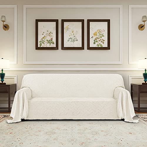 Purefit Geometric Jacquard Throw Sofa Cover - Textured Soft Washable Decorative Couch Covers For 3 Cushion Couch, Throw Cover With Tassels Furniture Protector For Pets, Kids (X-Large, Ivory) #TOP1