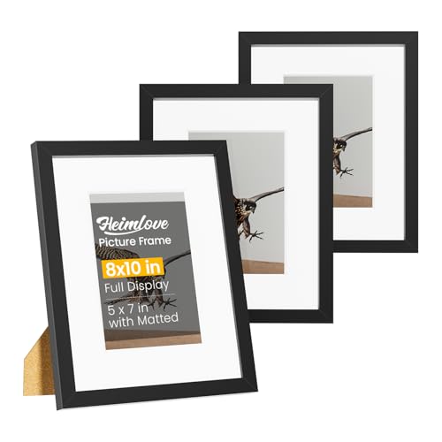Heimlove 8x10 Picture Frames Set of 3 with Mat to Display 5x7 Picture Plastic Black Photo Frame for Poster Diploma Certificate and Document with Tabletop and Wall Decor
