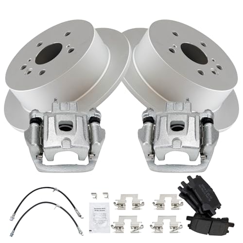 Image of TRQ Rear Brake Pad and Rotor Set Semi Metallic Coated Rotors Calipers Compatible with 2004-2006 Lexus RX330 2006-2007 RX400h 2006-2007 Toyota Highlander Front Wheel Drive