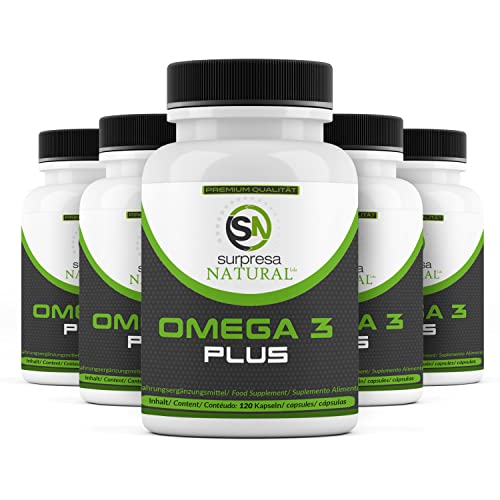Surpresa Natural Omega 3 cápsulas de alta dosis, 5 x 120 cápsulas, 1000 mg de aceite de pescado por cápsula, 500 mg de EPA y 250 mg de DHA por cápsula, ácidos grasos esenciales, vegano y certificado