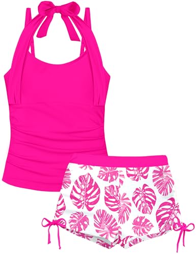 Image of Girls Swimsuit 2 Piece Halterneck Girls Tankini Swimsuit Drawstring Printed Swim Shorts Girl Bathing Suit for 7-18T