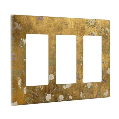 Decorative Outlet Covers Vintage White Flowers Birds on Golden Background 3 Gang Outlet Cover Wall Plate Triple Rocker Light Switch Cover Plate Switch Plate Covers for Home Decor