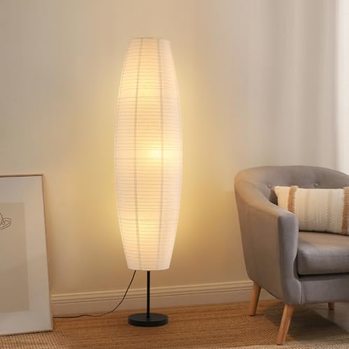 Fivemengo Paper Floor Lamp White Rice Paper Lamp 3-Lights 3 Color Temperature LED Bulbs Included 54.5in Wabi Sabi Japanese Lantern Standing Light for Living Room Bedroom Office 1 Pack