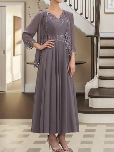 2 Piece Mother of The Bride Dresses with Jacket 3/4 Sleeve Chiffon Lace Sequin Evening Dresses for Women Wedding Guest2