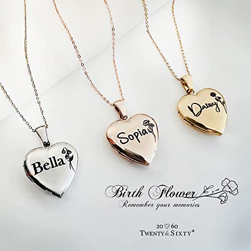Twenty&Sixty Personalized Heart Locket Necklace for Women, Girl, Kids, Holds Pictures, Birth Flower Personalized & Engraved Picture Locket Necklace Gold/Silver/RoseGold2