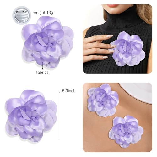 Image of 2Pack 6inch Extra Large Satin Brooches Lapel Pins Dainty Elegant Fabric Camellia Rose Flower Brooch Pin for Women Wedding Part Dance Clothes Accessories Jewelry