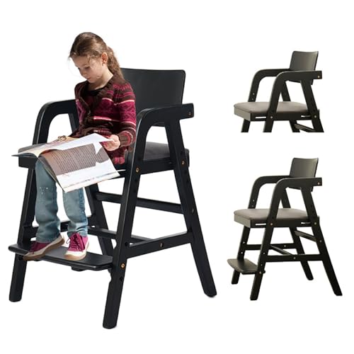 Image of Solid Wood High Chair for Toddlers to Teens, Adjustable Height Toddler Dining Chair, Easy to Clean Toddler Highchair with Removable Soft Cushion for Dining, Studying, Step Stool, Black
