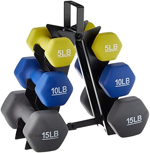 Amazon Basics Neoprene Coated Hexagon Workout Dumbbell Color Coded Hand Weight with Storage Rack, 60 Pounds (3 Pairs of 5, 10, and 15 Pounds), Green/Blue/Grey