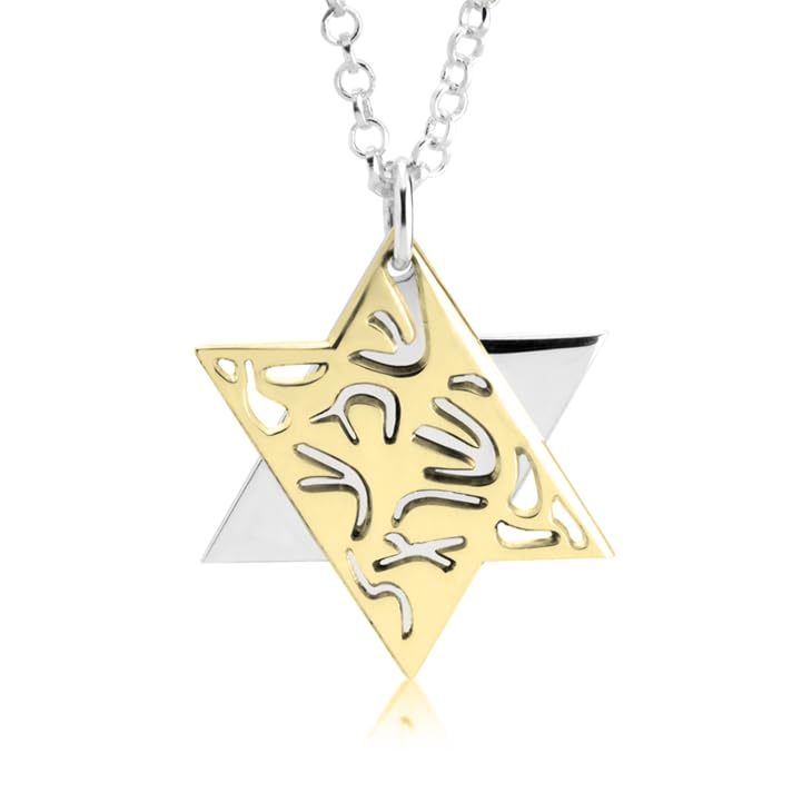 Two Tone Star of David Necklace - Shema Israel Pendant in Sterling Silver and Gold Plated - Handmade Judaica Jewelry