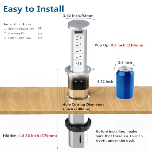 BTU Pop Up Outlet for Countertop, 4 Inch Hole Receptacle Power Strip with USB C & 4 AC Outlet, Pull Popup Outlet Recessed Power Socket with 10W Wireless Charger for Kitchen Conference Office