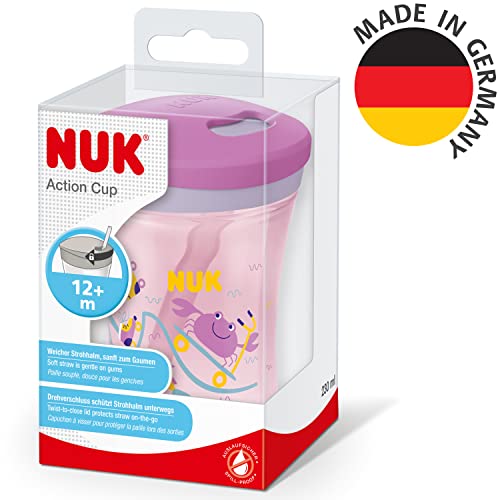 NUK Action Cup Trinkbecher Kinder | 12+ Monate | 230 ml | Drehdeckel mit weichem Strohhalm | auslaufsicher | lila Krabbe – Ansicht 7