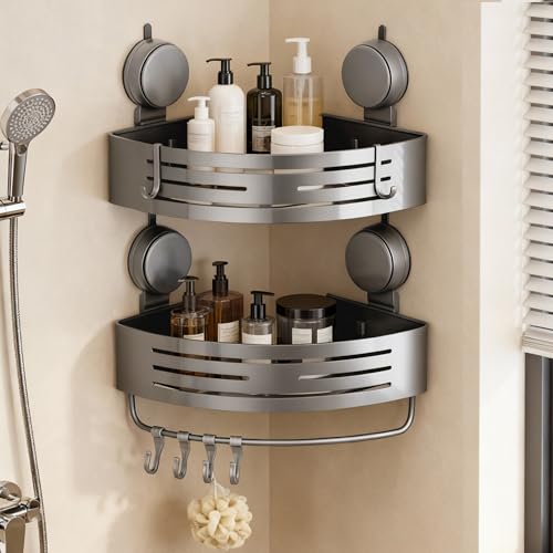 Structoline Corner Suction Cup Shower Caddy 2-Pack Gray No-Drilling Aluminum Corner Shower Shelf with Towel Bar and Hooks Detachable and Reusable Bathroom Organizer