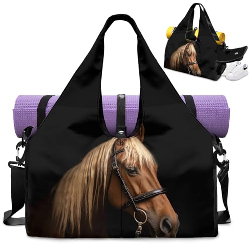 Horse Duffle Bag with Shoe Compartment for Men Sports Duffel Bag with Yoga Mats Holder Multiple Pockets Workout Bag with Adjustable Shoulder Strap Lightweight Bags for Gym Travel Weekender
